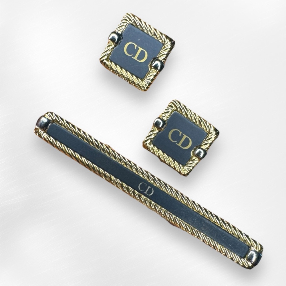 Christian Dior Vintage Cufflinks and Tie Bar / Money Clip Gold Silver & Black - Picture 2 of 14